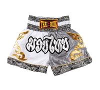 MUAY NATION Shorts de Boxe Thaï pour Hommes et Femmes, Shorts de Muay Thai, vêtements d'entraînement, Short d'arts Martiaux (FR/ES, Alpha/Lettres, TG, Taille Normale, Taille Normale, Blanc/Gris)