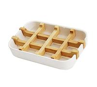 MUBEI Soap Dish Holder Bathroom Wooden Soap Case Bathtub Bamboo Self-draining Storage Rack Sponge Holder Drain Rack Soap Dish Soap Box(White)