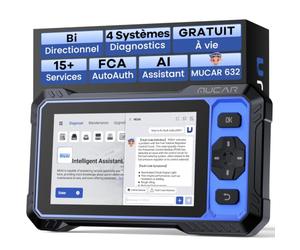 MUCAR 632 Valise Diagnostic Auto avec AI, 4 Systèmes, 15 Réinit,Bi-Dir. | Assistant AI, 4 Diagnostic du Système, 15 Réinitialisations, Bi-directionnel,Guide V.A.G,CANFD & DOIP & FCA, Gratuit à Vie