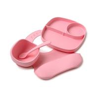 Muchmellow - Set Repas Bébé 4 Pièces MADE IN ITALY, Bol avec Ventouse, Assiette, Cuillère, Bavoir Réglable, Sans Plastique, BPA Free, Lavable au Lave-vaisselle (Rose)
