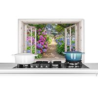 MuchoWow Credence Hortensia - Transparent - Fleurs - Été - Mauve - Chemin Fond de hotte 90x60 cm Credence Aluminium Plaque INOX de Cuisine