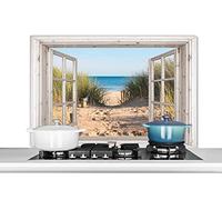 MuchoWow Credence Regarder à Travers - Plage - Mer - Dunes - Sable - Eau - Herbe Haute Fond de hotte 100x65 cm Credence Aluminium Plaque INOX de Cuisine
