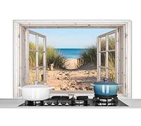 MuchoWow Credence Regarder à Travers - Plage - Mer - Dunes - Sable - Eau - Herbe Haute Fond de hotte 120x80 cm Credence Aluminium Plaque INOX de Cuisine