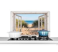 MuchoWow Credence Regarder à Travers - Plage - Mer - Dunes - Sable - Eau - Herbe Haute Fond de hotte 90x60 cm Credence Aluminium Plaque INOX de Cuisine