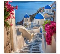 MuchoWow© Deco Jardin 100x100 cm Posters Décoratifs Extérieur Terrasse Mur Déco Appartement Affiche Exterieur Decoration Balcon Décoration Murale Santorin - Fleurs - Grèce