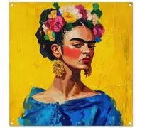 MuchoWow© Deco Jardin 100x100 cm Posters Décoratifs Extérieur Terrasse Mur Déco Appartement Affiche Exterieur Decoration Balcon Décoration Murale Frida Kahlo - Femme - Jaune - Bleu - Fleurs