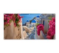 MuchoWow© Deco Jardin 160x80 cm Posters Décoratifs Extérieur Terrasse Mur Déco Appartement Affiche Exterieur Decoration Balcon Décoration Murale Santorin - Fleurs - Grèce