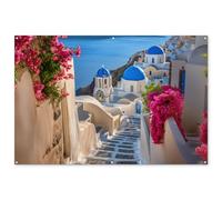 MuchoWow© Deco Jardin 180x120 cm Posters Décoratifs Extérieur Terrasse Mur Déco Appartement Affiche Exterieur Decoration Balcon Décoration Murale Santorin - Fleurs - Grèce