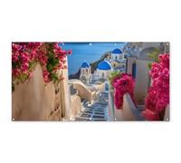 MuchoWow© Deco Jardin 200x100 cm Posters Décoratifs Extérieur Terrasse Mur Déco Appartement Affiche Exterieur Decoration Balcon Décoration Murale Santorin - Fleurs - Grèce