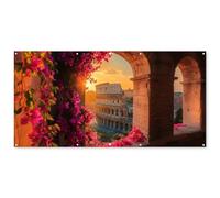 MuchoWow© Deco Jardin 200x100 cm Posters Décoratifs Extérieur Terrasse Mur Déco Appartement Affiche Exterieur Decoration Balcon Décoration Murale Colisée - Rome - Fleurs Roses