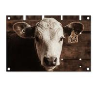 MuchoWow© Deco Jardin 60x40 cm Posters Décoratifs Extérieur Terrasse Mur Déco Appartement Affiche Exterieur Decoration Balcon Décoration Murale Veau - Etiquette d'oreille - Etable en Bois