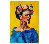 MuchoWow© Deco Jardin 80x120 cm Posters Décoratifs Extérieur Terrasse Mur Déco Appartement Affiche Exterieur Decoration Balcon Décoration Murale Frida Kahlo - Femme - Jaune - Bleu - Fleurs