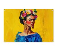 MuchoWow© Deco Jardin 90x60 cm Posters Décoratifs Extérieur Terrasse Mur Déco Appartement Affiche Exterieur Decoration Balcon Décoration Murale Frida Kahlo - Femme - Jaune - Bleu - Fleurs