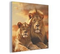 MuchoWow© Décoration en Feutre Murale Design 60x60 cm Élément Déco Chambre Salon Maison Cuisine Moderne Lions - Coucher De Soleil - Afrique - Savane - Faune