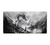 MuchoWow© Décoration Jardin 160x80 cm Bâche Décorative Posters Décoratifs Decoration Balcon Affiche Extérieur Déco Appartement Deco Exterieur Guerrier - Dragon - Gris