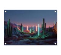 MuchoWow© Décoration Jardin 60x40 cm Bâche Décorative Posters Décoratifs Decoration Balcon Affiche Extérieur Déco Appartement Deco Exterieur Cactus - Piliers lumière - Coucher Soleil
