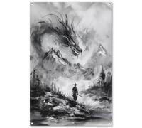 MuchoWow© Décoration Jardin 80x120 cm Bâche Décorative Posters Décoratifs Decoration Balcon Affiche Extérieur Déco Appartement Deco Exterieur Guerrier - Dragon - Gris