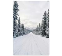 MuchoWow© Décoration Jardin 80x120 cm Bâche Décorative Posters Décoratifs Decoration Balcon Affiche Extérieur Déco Appartement Deco Exterieur Route - Neige - Forêt de conifères - Hiver