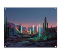 MuchoWow© Décoration Jardin 80x60 cm Bâche Décorative Posters Décoratifs Decoration Balcon Affiche Extérieur Déco Appartement Deco Exterieur Cactus - Piliers lumière - Coucher Soleil