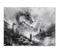 MuchoWow© Décoration Jardin 80x60 cm Bâche Décorative Posters Décoratifs Decoration Balcon Affiche Extérieur Déco Appartement Deco Exterieur Guerrier - Dragon - Gris