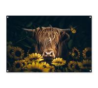 MuchoWow© Decoration Jardin Exterieur 120x80 cm Deco Balcon Décoration Bâche Décorative Affiche Murale Extérieur Terrasse Mur Déco Appartement Highlander écossais - Fleurs - Botanique - Animaux