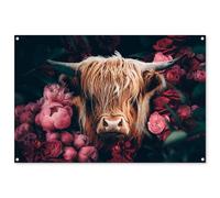 MuchoWow© Decoration Jardin Exterieur 120x80 cm Deco Balcon Décoration Bâche Décorative Affiche Murale Extérieur Terrasse Mur Déco Appartement Vache - Highlander écossais - Fleurs - Botanique