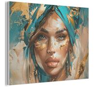 MuchoWow© Décoration Murale Feutrée Panneaux Décoratifs Muraux Déco Chambre | 100x70 cm - Élément Mural Salon Femme - Portrait - Doré - Luxe - Bleu