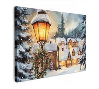 MuchoWow© Impression sur Toile Cadeau Noel Peinture 70x50 cm Tableau Mural Decoration Salon Reproductions de Tableaux Murale Moderne Village de Noël - Maison - Neige - Noël