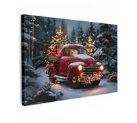 MuchoWow© Impression sur Toile Cadeau Noel Peinture 90x60 cm Tableau Mural Decoration Salon Reproductions de Tableaux Murale Moderne Camion de Noël - Forêt de neige - Rouge