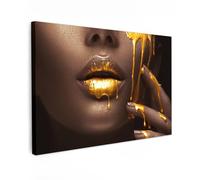 MuchoWow© Impression sur Toile Decoration Murale Peinture 120x80 cm Tableaux Decoratifs Muraux Déco Chambre Tableau Salon Femme - Or - Couleur - Lèvres - Portrait