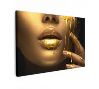 MuchoWow© Impression sur Toile Decoration Murale Peinture 120x80 cm Tableaux Decoratifs Muraux Déco Chambre Tableau Salon Femme - Or - Lèvres - Portrait