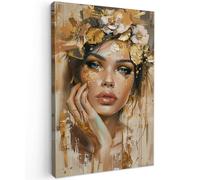 MuchoWow© Impression sur Toile Decoration Murale Peinture 20x30 cm Tableaux Decoratifs Muraux Déco Chambre Tableau Salon Femme - Fleurs - Or - Portrait