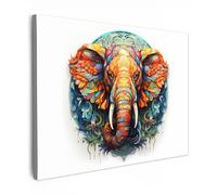 MuchoWow© Impression sur Toile Decoration Murale Peinture 40x30 cm Tableaux Decoratifs Muraux Décoration Chambre Mandala - Eléphant - Couleurs - Animaux - Blanc
