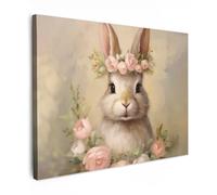 MuchoWow© Impression sur Toile Decoration Murale Peinture 40x30 cm Tableaux Decoratifs Muraux Décoration Chambre Chambre enfant - Femme - Lapin - Fleurs - Rose - Animaux