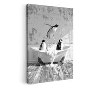 MuchoWow© Impression sur Toile Decoration Murale Peinture 40x60 cm Tableaux Decoratifs Muraux Déco Chambre Tableau Salon Pingouins - Bain - Salle de bain - Noir et blanc