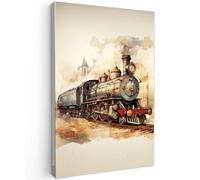 MuchoWow© Impression sur Toile Decoration Murale Peinture 40x60 cm Tableaux Decoratifs Muraux Déco Chambre Tableau Salon Vintage - Train - Chemin de fer - Bâtiment - Beige