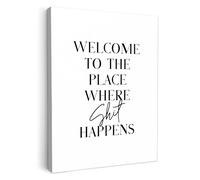 MuchoWow© Impression sur Toile Decoration Murale Peinture 50x70 cm Tableaux Art Décoratif Muraux Décoration Chambre Citations - Shit happens - Blanc - Humour - Toilette