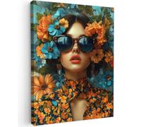 MuchoWow© Impression sur Toile Decoration Murale Peinture 50x70 cm Tableaux Art Décoratif Muraux Décoration Chambre Femme - Fleurs - Orange - Bleu - Moderne