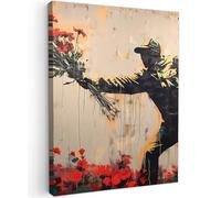 MuchoWow© Impression sur Toile Decoration Murale Peinture 50x70 cm Tableaux Decoratifs Muraux Décoration Chambre Street art - Homme - Fleurs - Rouge - Graffiti - Banksy