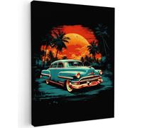 MuchoWow© Impression sur Toile Decoration Murale Peinture 60x80 cm Tableaux Decoratifs Muraux Décoration Chambre Rétro - Voiture - Soleil - Arbres - Palmiers