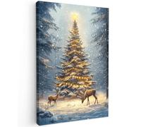 MuchoWow© Impression sur Toile Decoration Murale Peinture 60x90 cm Tableaux Decoratifs Muraux Déco Chambre Cadeau Noel Tableau Salon Lumière de Noël - Forêt - Cerf - Sombre