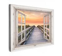 MuchoWow© Impression sur Toile Decoration Murale Peinture 70x50 cm Tableaux Art Décoratif Muraux Décoration Chambre Vue transparente - Pont - Coucher de soleil - Oiseaux - Trompe l'oeil fenetre