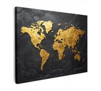 MuchoWow© Impression sur Toile Decoration Murale Peinture 70x50 cm Tableaux Decoratifs Muraux Déco Chambre Tableau Salon Carte du Monde - Or - Pierre