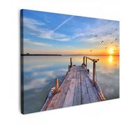 MuchoWow© Impression sur Toile Decoration Murale Peinture 70x50 cm Tableaux Decoratifs Muraux Décoration Chambre Eau - Jetée - Oiseaux - Coucher de soleil - Horizon