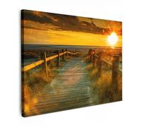 MuchoWow© Impression sur Toile Decoration Murale Peinture 70x50 cm Tableaux Decoratifs Muraux Décoration Chambre Soleil - Plage - Dune - Horizon - Herbe - Chemin - Orange