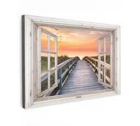MuchoWow© Impression sur Toile Decoration Murale Peinture 90x60 cm Tableaux Art Décoratif Muraux Décoration Chambre Vue transparente - Pont - Coucher de soleil - Oiseaux - Trompe l'oeil fenetre