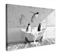 MuchoWow© Impression sur Toile Decoration Murale Peinture 90x60 cm Tableaux Decoratifs Muraux Déco Chambre Tableau Salon Pingouins - Bain - Salle de bain - Noir et blanc