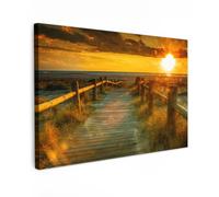 MuchoWow© Impression sur Toile Decoration Murale Peinture Tableaux | 120x80 cm - Decoratifs Muraux Décoration Chambre Soleil - Plage - Dune - Horizon - Herbe - Chemin - Orange