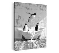 MuchoWow© Impression sur Toile Decoration Murale Peinture Tableaux | 30x40 cm - Decoratifs Muraux Déco Chambre Tableau Salon Pingouins - Bain - Salle de - Noir et blanc