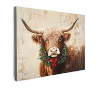 MuchoWow© Impression sur Toile Decoration Murale Peinture Tableaux | 40x30 cm - Decoratifs Muraux Déco Chambre Cadeau Noel Tableau Salon Noël - Bovin des Highlands écossais - Vache - Beige